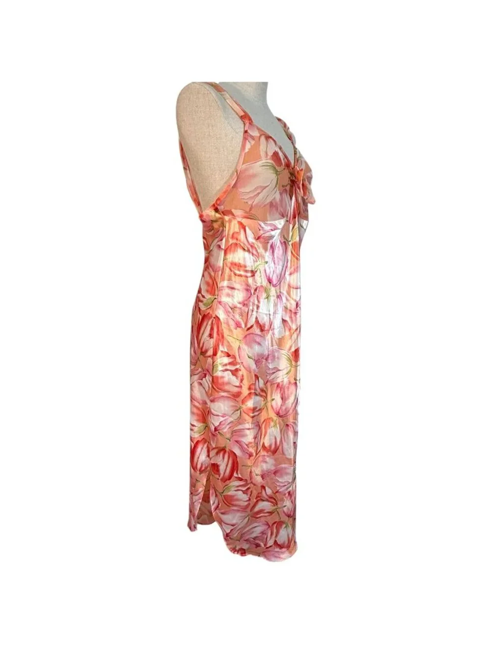 VTG Amelia’s Floral Peach Pink Tulip Nightgown Bow Size Large Made USA Side Slit - Picture 3 of 8
